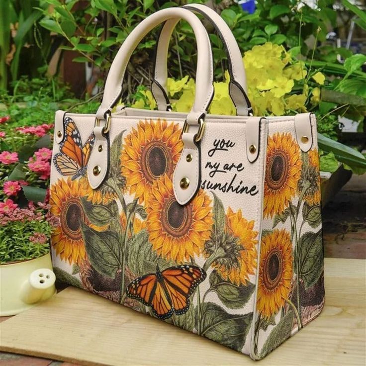 You Are My Sunshine Sunflower Butterfly Tote Purse Structured Handbag
